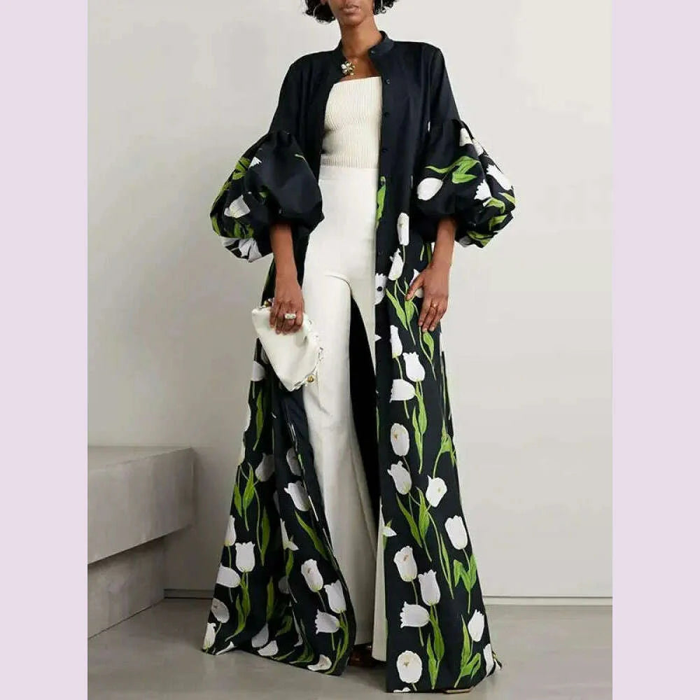 Missuoo 2024 Autumn New Floral Printed Floor Length Dress Stand Collar Puff Sleeves Buttoned Loose Dresses Casual Outerwears