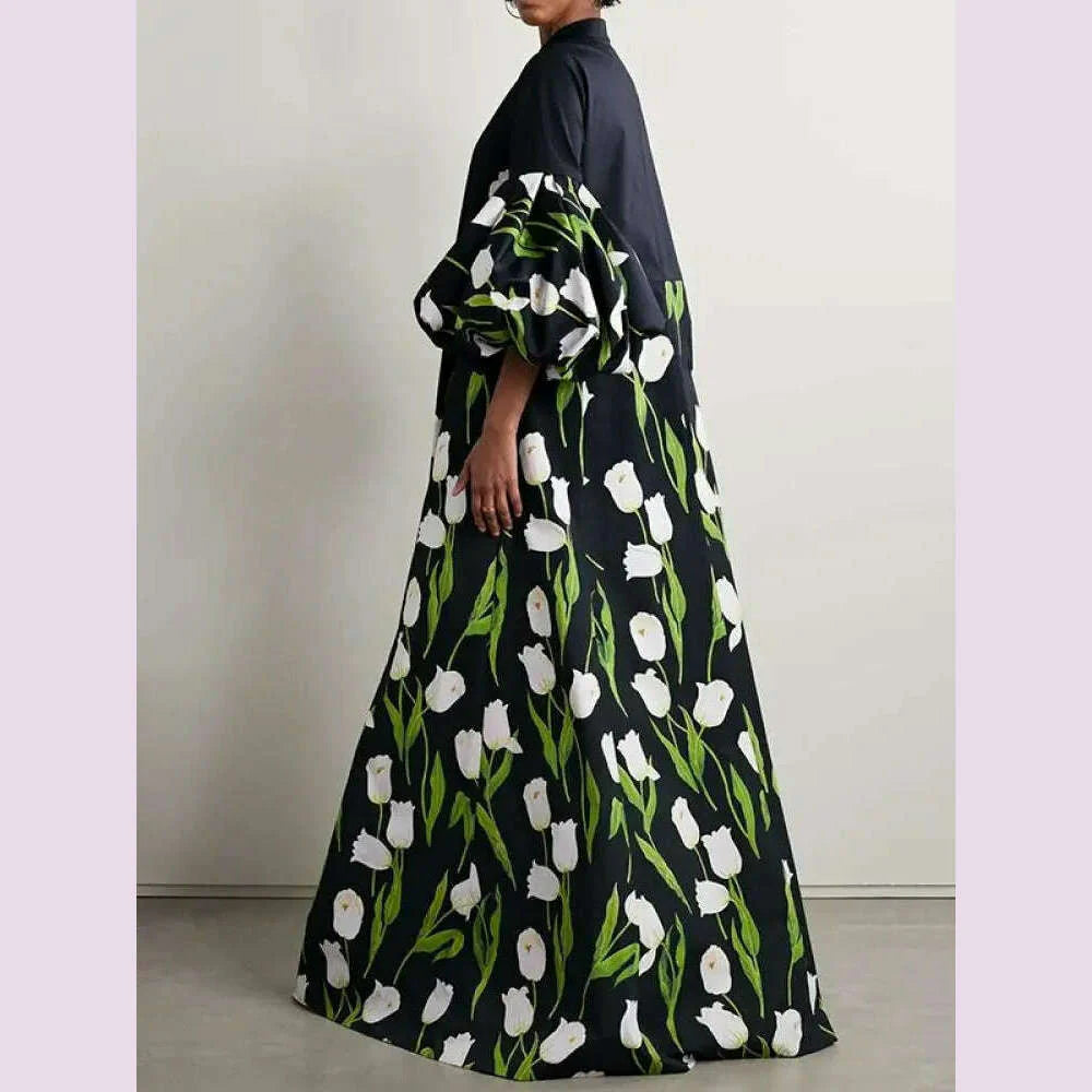 Missuoo 2024 Autumn New Floral Printed Floor Length Dress Stand Collar Puff Sleeves Buttoned Loose Dresses Casual Outerwears
