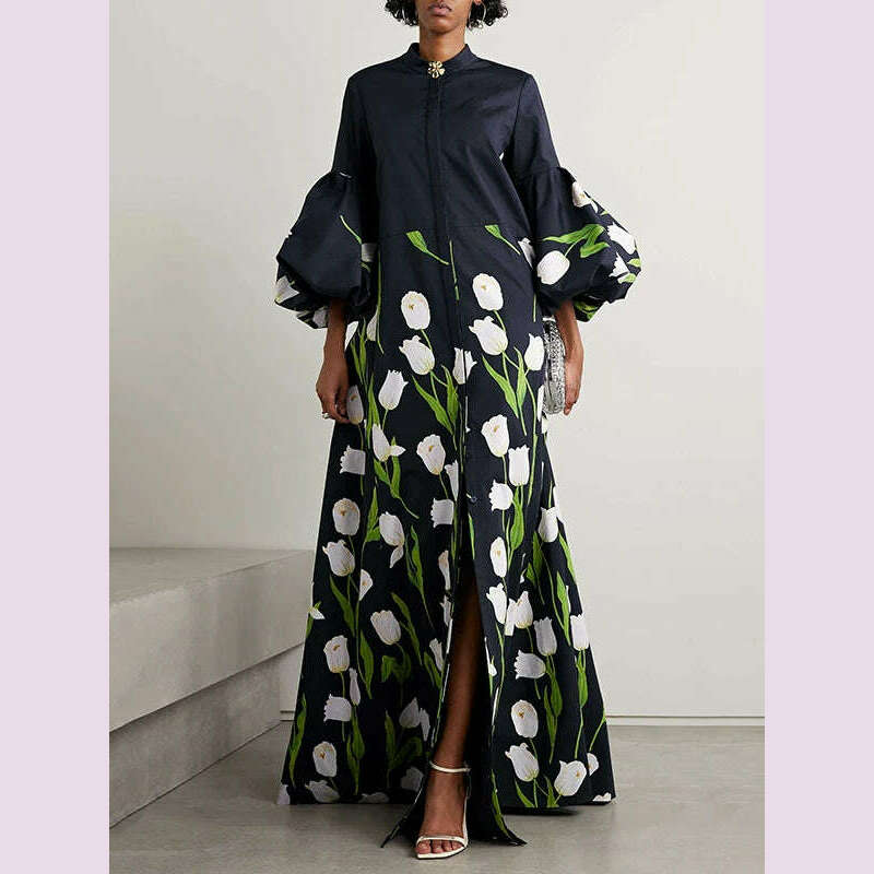 Missuoo 2024 Autumn New Floral Printed Floor Length Dress Stand Collar Puff Sleeves Buttoned Loose Dresses Casual Outerwears