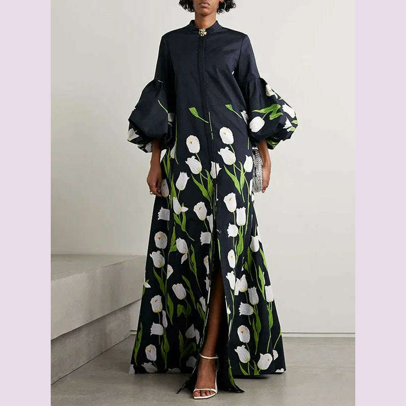 Missuoo 2024 Autumn New Floral Printed Floor Length Dress Stand Collar Puff Sleeves Buttoned Loose Dresses Casual Outerwears