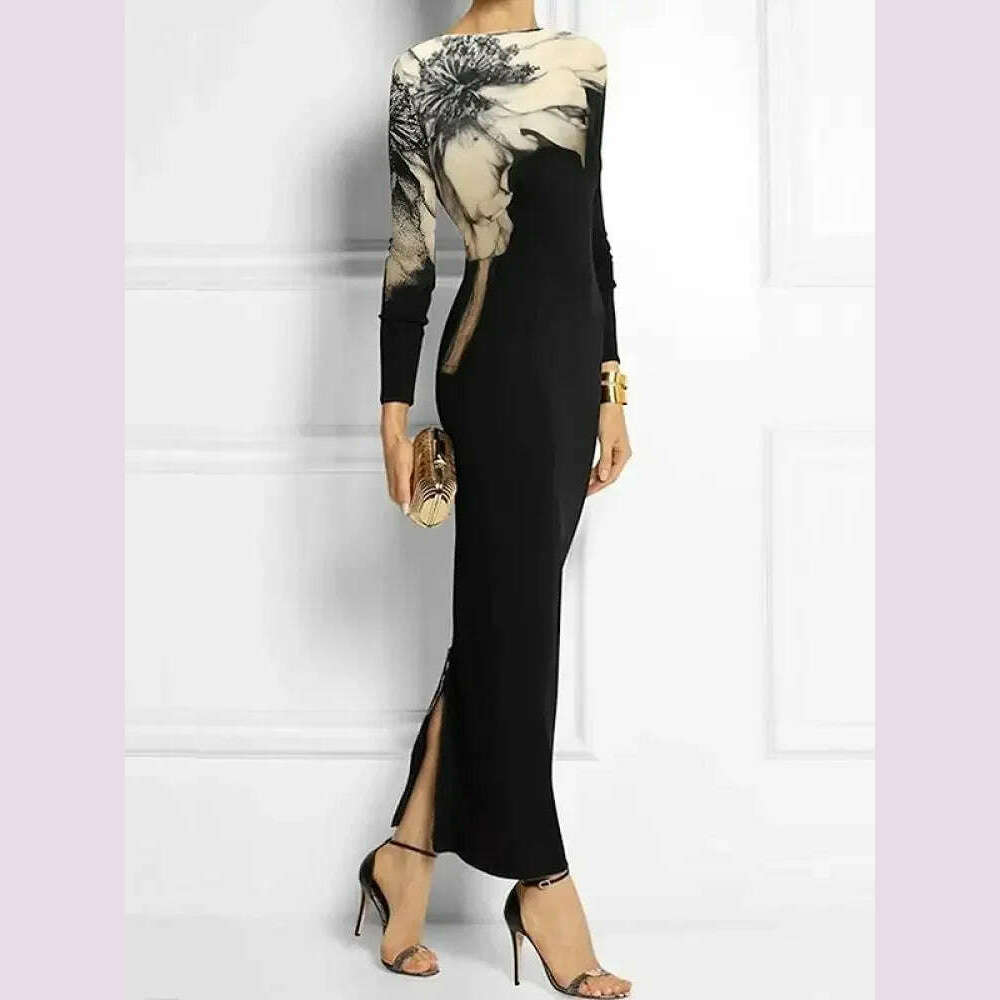 Missuoo Floral Printed Black Dress for Women 2024 Fashion Slim Fit Round Neck Long Sleeve Split-back Skinny Party Dresses