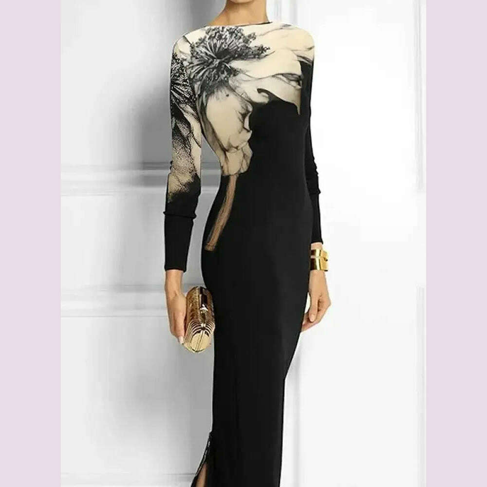 Missuoo Floral Printed Black Dress for Women 2024 Fashion Slim Fit Round Neck Long Sleeve Split-back Skinny Party Dresses