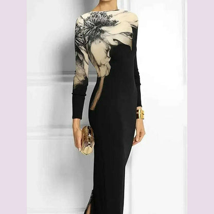 Missuoo Floral Printed Black Dress for Women 2024 Fashion Slim Fit Round Neck Long Sleeve Split-back Skinny Party Dresses
