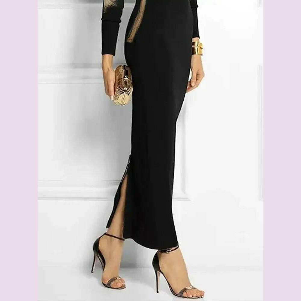Missuoo Floral Printed Black Dress for Women 2024 Fashion Slim Fit Round Neck Long Sleeve Split-back Skinny Party Dresses