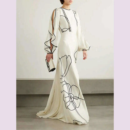 Missuoo Women's White Floral Printed Maxi Dress Round Neck Long Sleeves High Waist Pleated Dress Ladies Elegant Evening Dresses