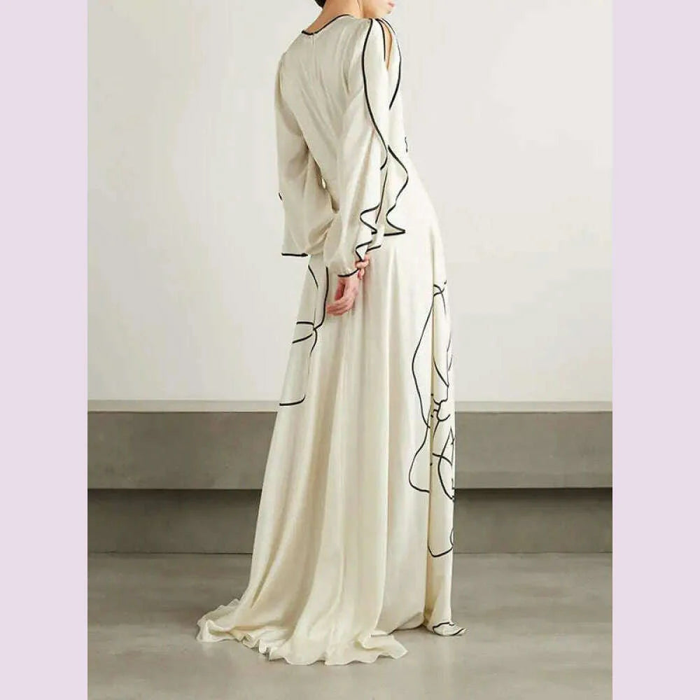 Missuoo Women's White Floral Printed Maxi Dress Round Neck Long Sleeves High Waist Pleated Dress Ladies Elegant Evening Dresses