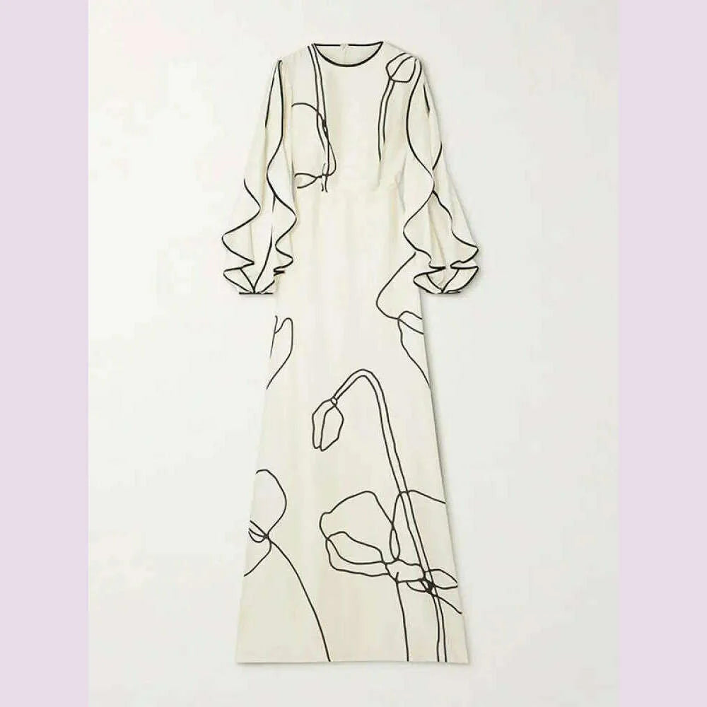 Missuoo Women's White Floral Printed Maxi Dress Round Neck Long Sleeves High Waist Pleated Dress Ladies Elegant Evening Dresses