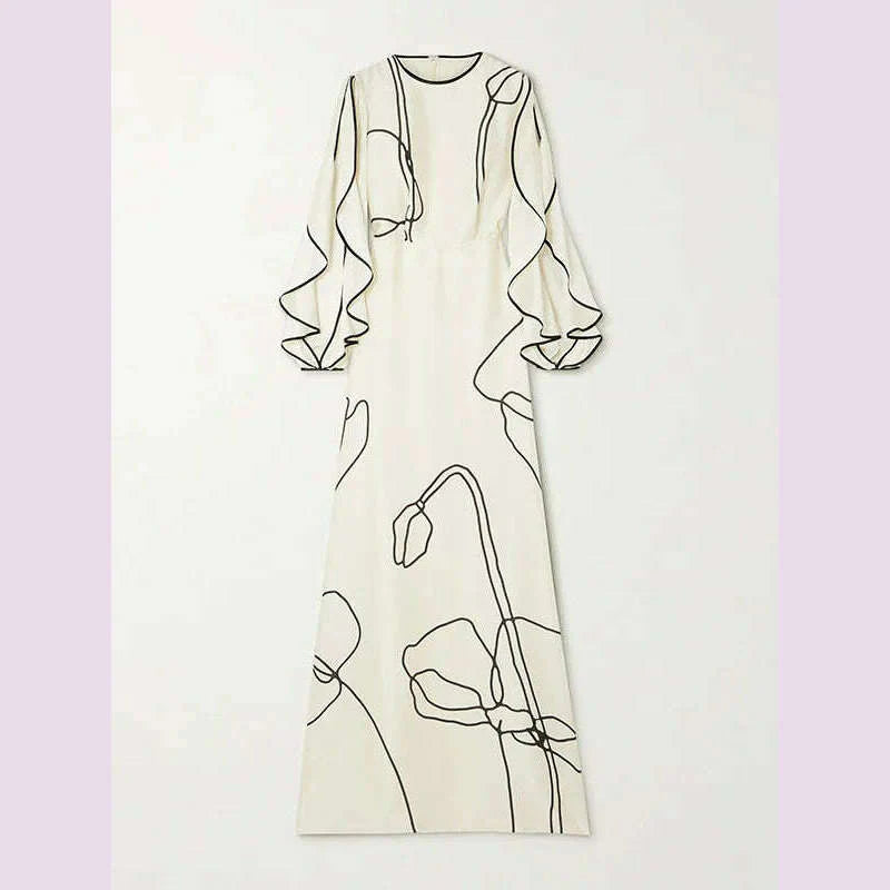 Missuoo Women's White Floral Printed Maxi Dress Round Neck Long Sleeves High Waist Pleated Dress Ladies Elegant Evening Dresses