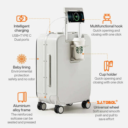 Mixi New Aluminum Frame Suitcase Carry On Rolling Luggage with USB Port Boarding Cabin Cup and Phone Holder 20 24 Inch