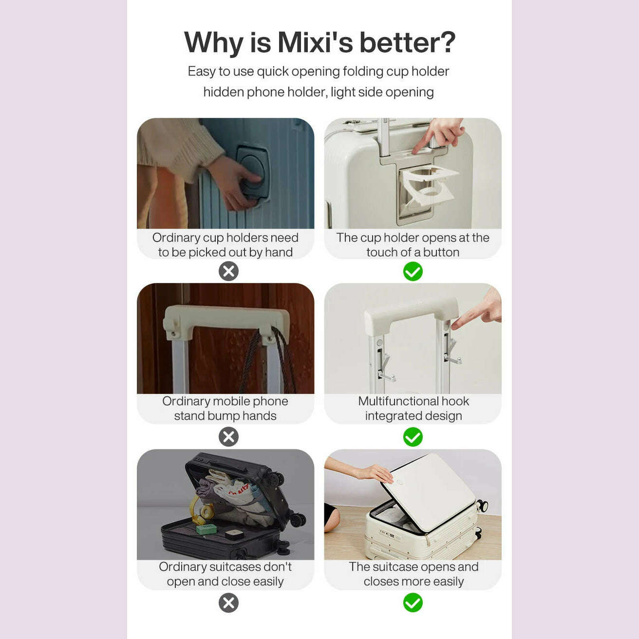 Mixi New Aluminum Frame Suitcase Carry On Rolling Luggage with USB Port Boarding Cabin Cup and Phone Holder 20 24 Inch