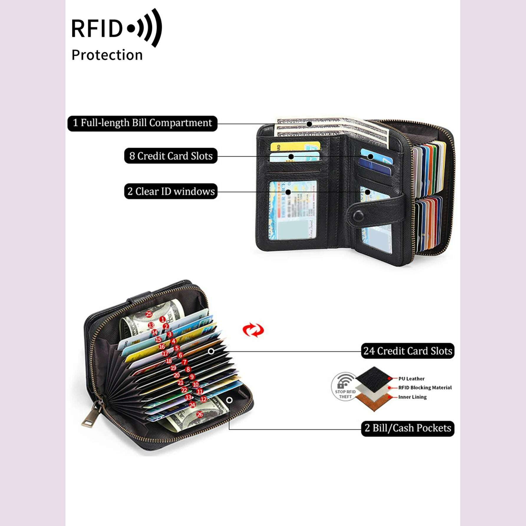 MIYIN Retro Large Capacity RFID Shielded Women's Short Wallet Multi Card Slot Organ Credit Card Bag Multi Functional Zero Wallet