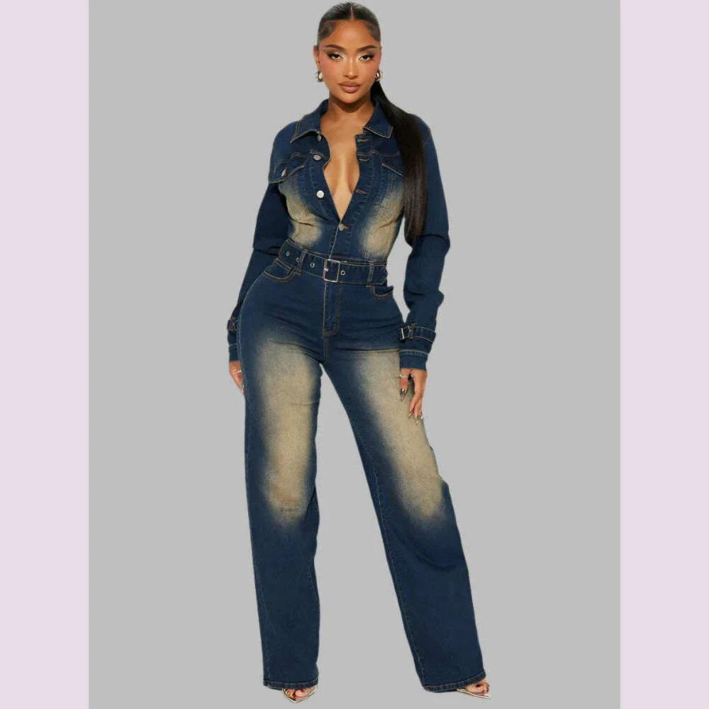 Mlaiscsr Stretch Denim One Piece Jumpsuits with Belt Women Clothes Winter Long Sleeve Lapel Washed Jean Romper Birthday Overalls