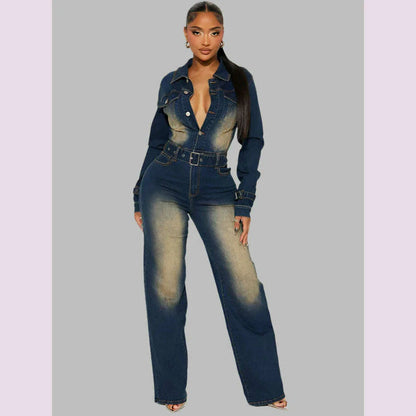 Mlaiscsr Stretch Denim One Piece Jumpsuits with Belt Women Clothes Winter Long Sleeve Lapel Washed Jean Romper Birthday Overalls