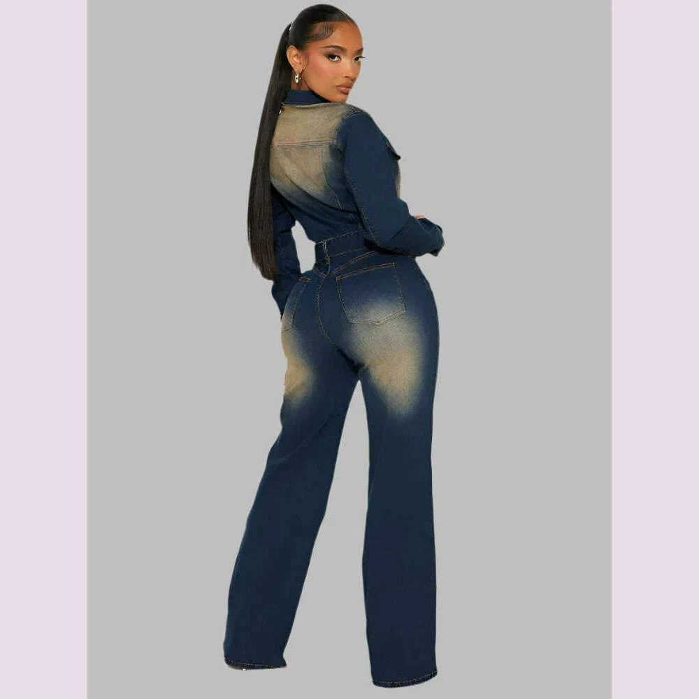 Mlaiscsr Stretch Denim One Piece Jumpsuits with Belt Women Clothes Winter Long Sleeve Lapel Washed Jean Romper Birthday Overalls
