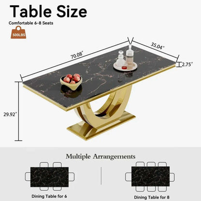 Modern Marble Dining Table, Luxurious Kitchen Table, Equipped with A Golden Geometric U-shaped Stainless Steel Base