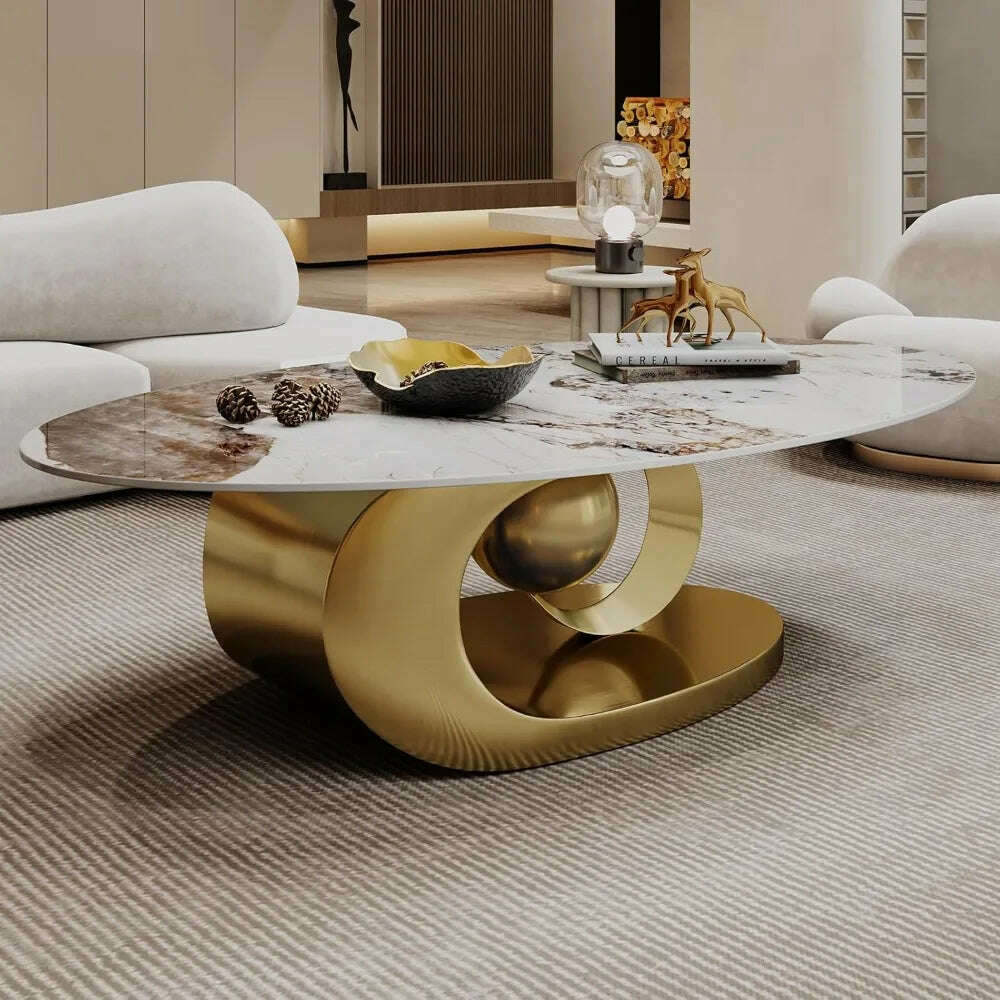 Modern Oval Stone Coffee Table with Gold Metal Base - Elegant Centerpiece for Stylish Living Rooms - 55.1" Lx31.5 Wx16 H