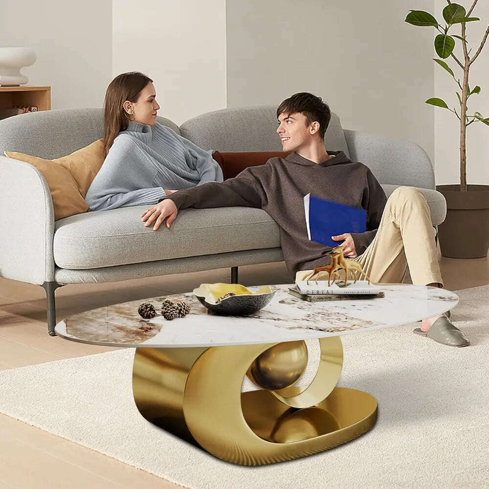 Modern Oval Stone Coffee Table with Gold Metal Base - Elegant Centerpiece for Stylish Living Rooms - 55.1" Lx31.5 Wx16 H