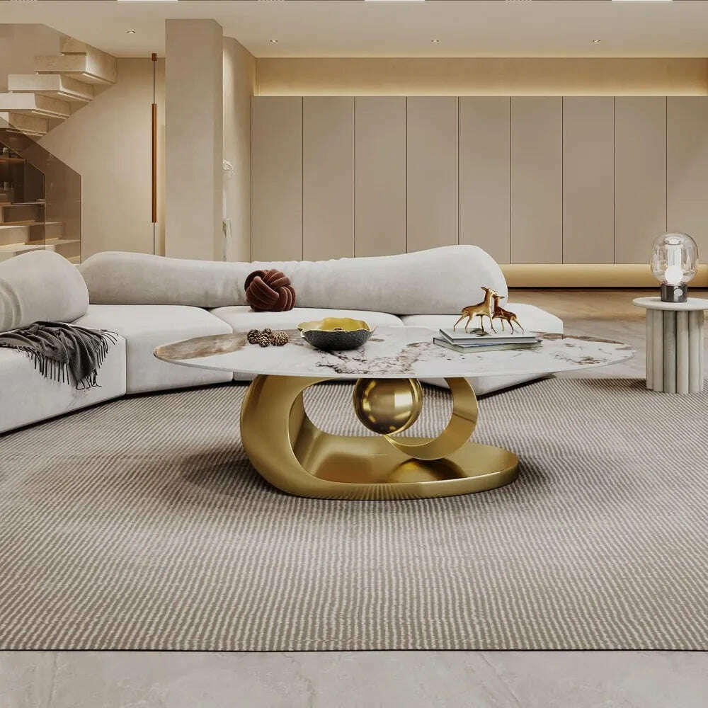 Modern Oval Stone Coffee Table with Gold Metal Base - Elegant Centerpiece for Stylish Living Rooms - 55.1" Lx31.5 Wx16 H