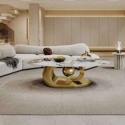 Modern Oval Stone Coffee Table with Gold Metal Base - Elegant Centerpiece for Stylish Living Rooms - 55.1" Lx31.5 Wx16 H