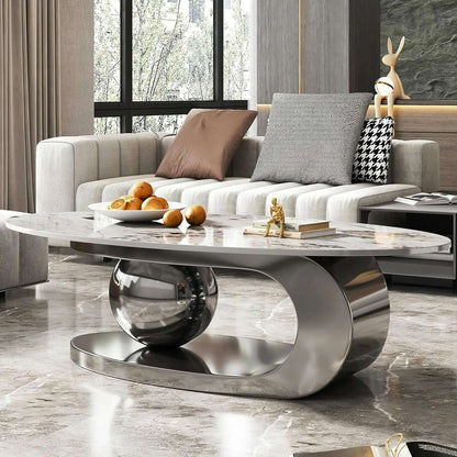 Modern Oval Stone Coffee Table with Gold Metal Base - Elegant Centerpiece for Stylish Living Rooms - 55.1" Lx31.5 Wx16 H