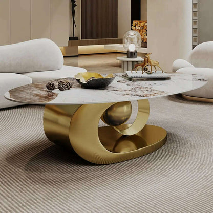 Modern Oval Stone Coffee Table with Gold Metal Base - Elegant Centerpiece for Stylish Living Rooms - 55.1" Lx31.5 Wx16 H