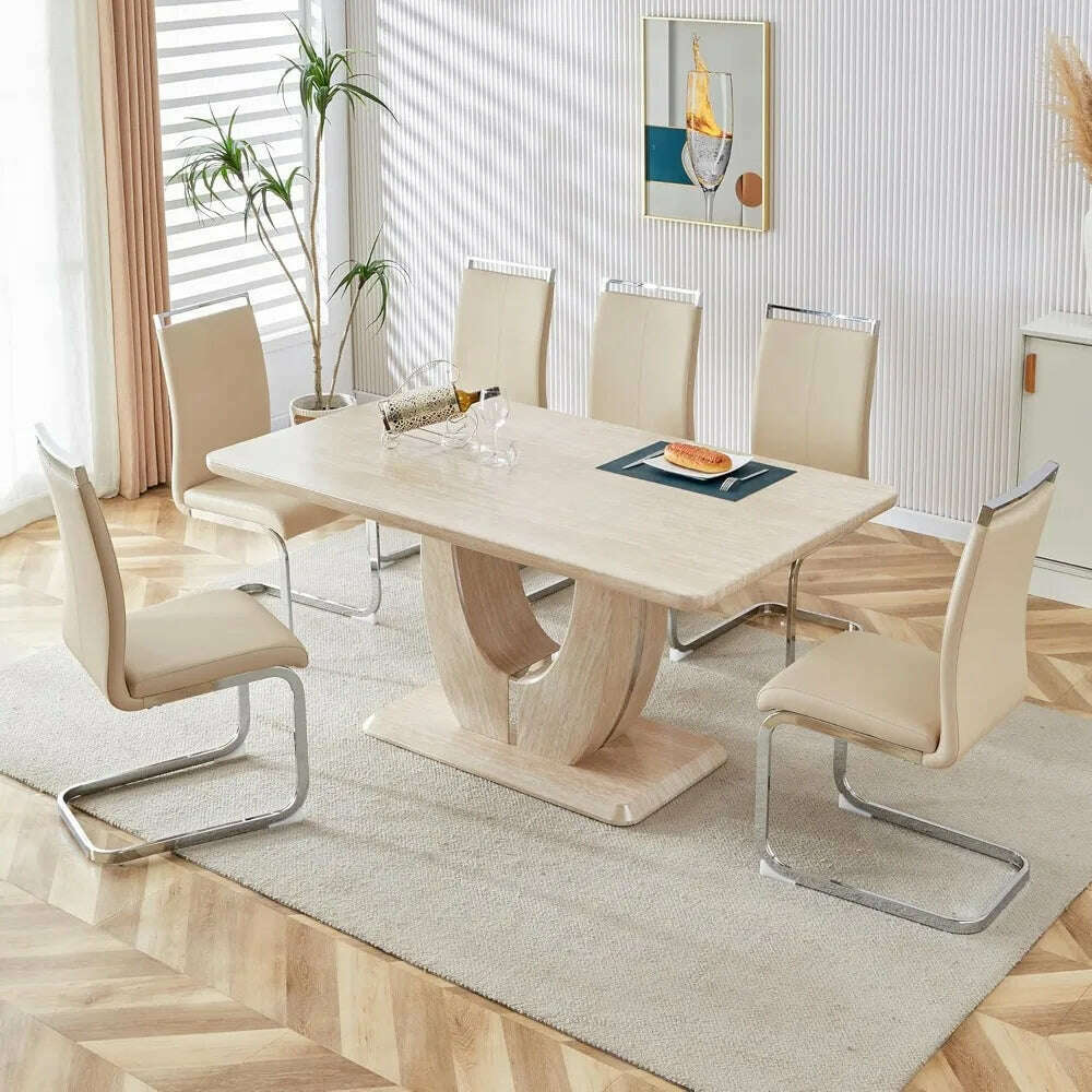 Modern Wooden Dining Table Set for6,Rectangula Kitchen Table Set with Faux Marble Tabletop＆6 Pu Leather Upholstered Chairs Ideal