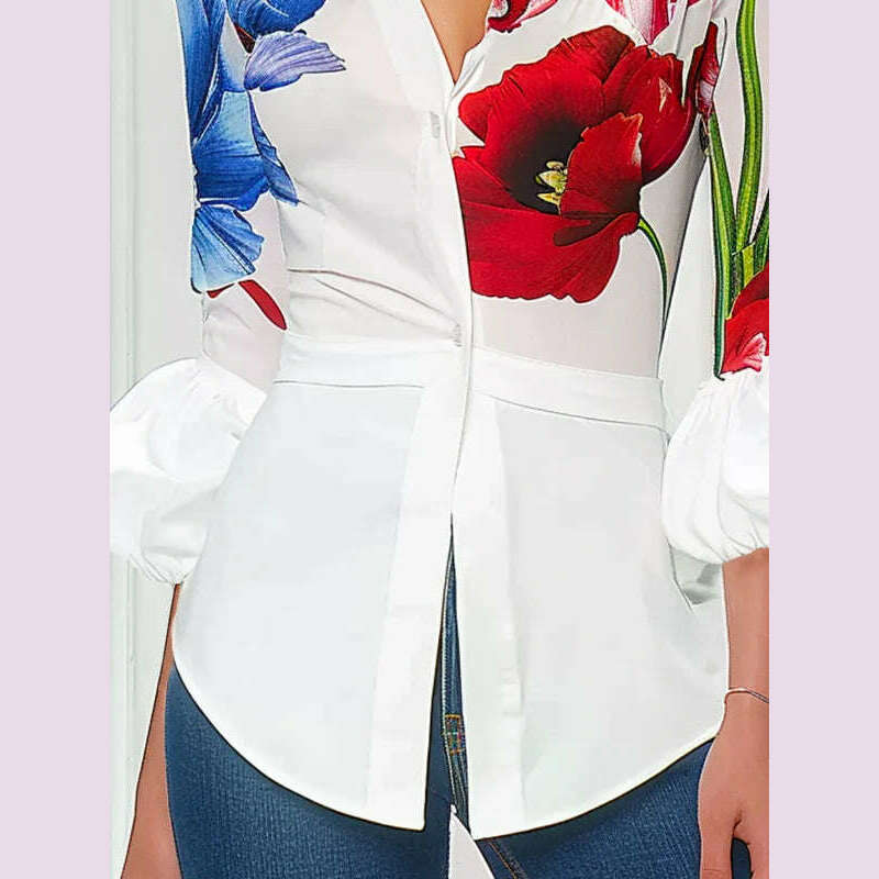 Modigirl 2025 Women's Spring Summer Urban Shirts Puff Sleeves Buttoned Lapel Office Work Casual Woman Flower Print Blouses Tops