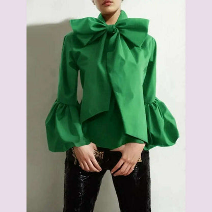 Modigirl Bowknot High Collar Shirt for Women 2024 New Lantern Sleeve Fit Solid Green Blouse Urban Women's Fashion Commuter Top