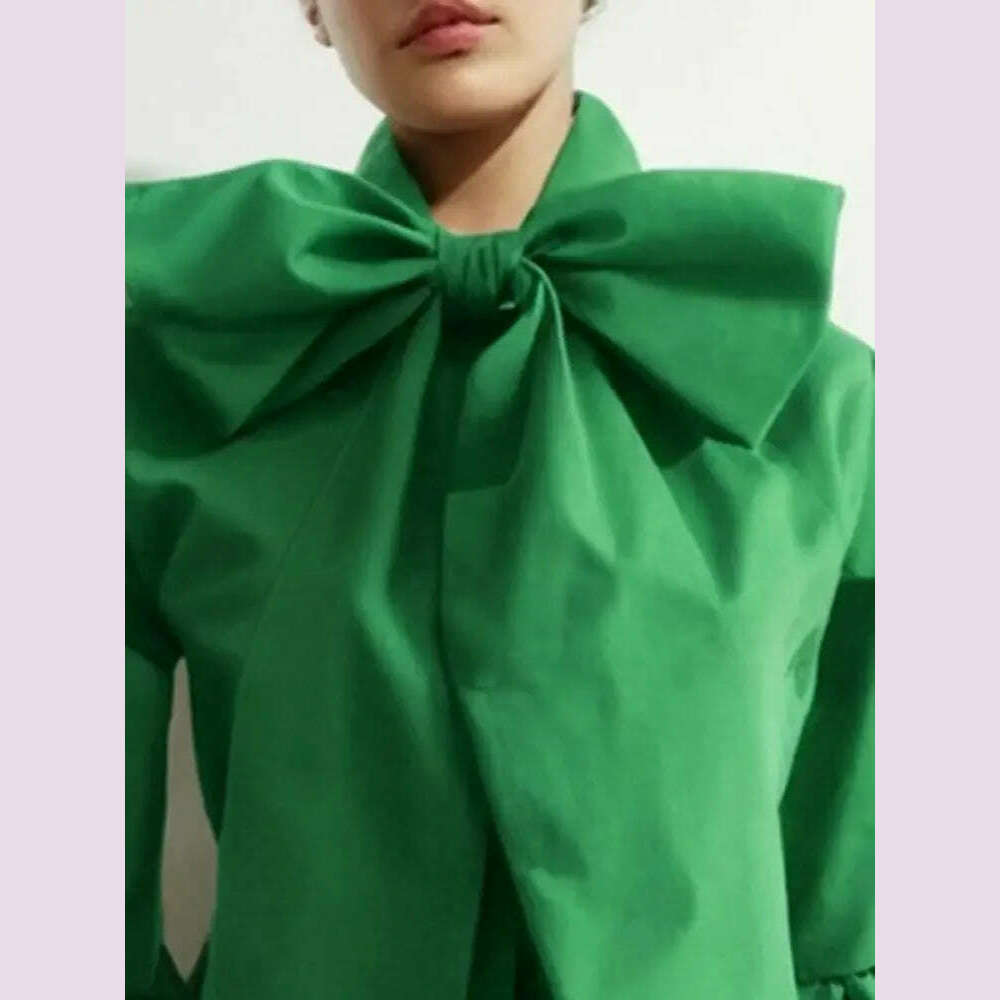 Modigirl Bowknot High Collar Shirt for Women 2024 New Lantern Sleeve Fit Solid Green Blouse Urban Women's Fashion Commuter Top