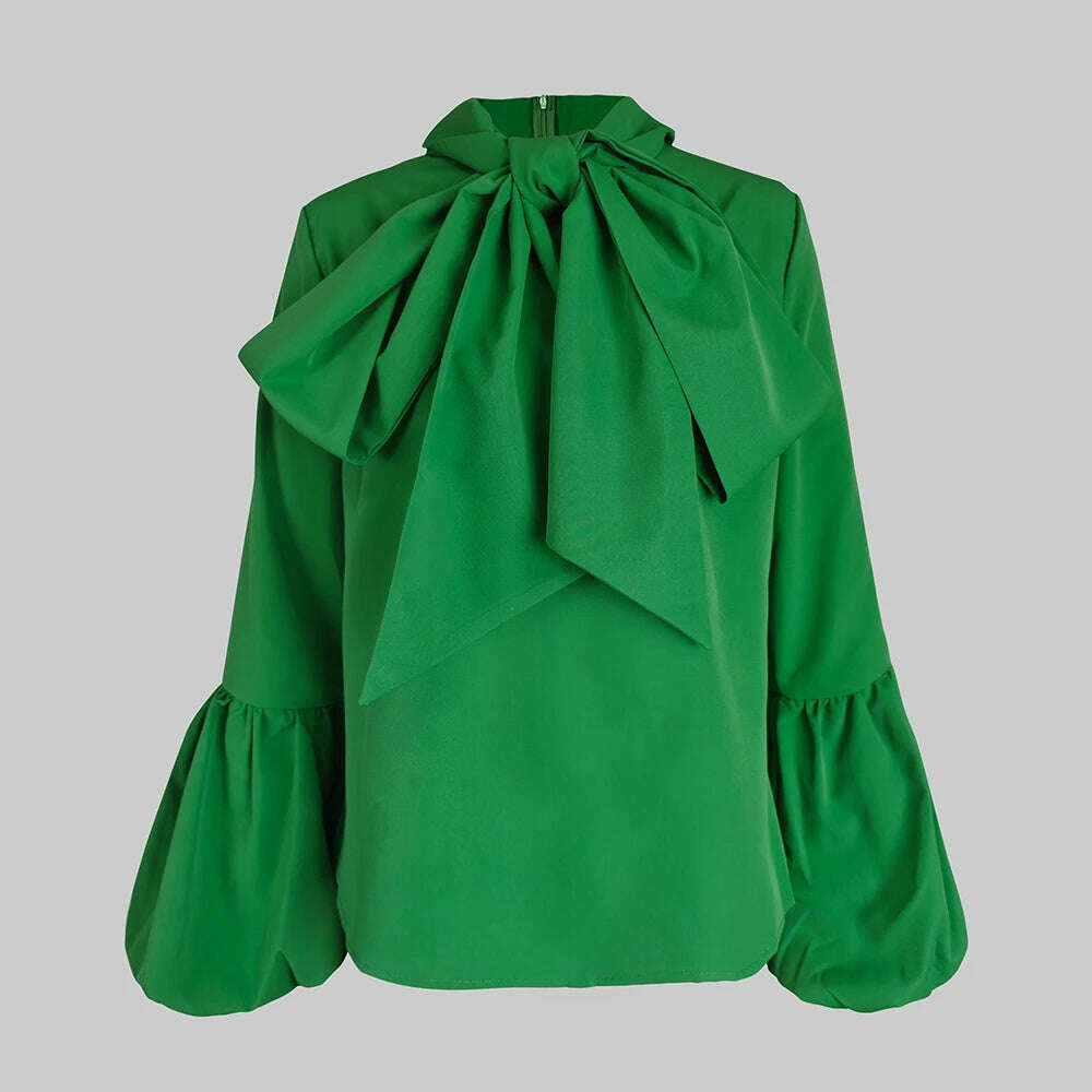 Modigirl Bowknot High Collar Shirt for Women 2024 New Lantern Sleeve Fit Solid Green Blouse Urban Women's Fashion Commuter Top