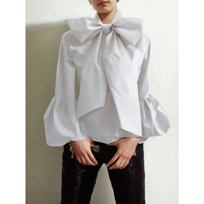 Modigirl Bowknot High Collar Shirt for Women 2024 New Lantern Sleeve Fit Solid Green Blouse Urban Women's Fashion Commuter Top