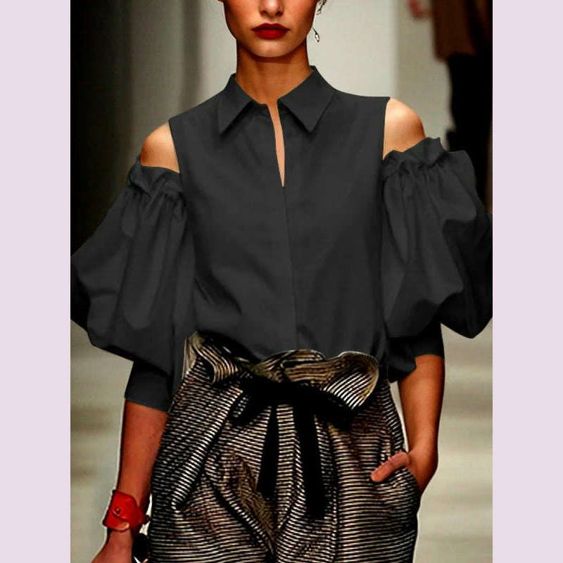 Modigirl Fall Spring Feamle Tuxedo Shirts Tops 2025 Summer Cold Shoulder Chic Vintage Office Party Leisure Blouses for Women