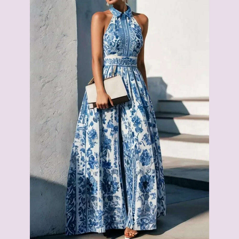 Modigirl Women Elegant Party Evening Long Dresses 2024 Summer Sleeveless Vintage Blue Flower Printed Lapel A-Line Dress Vestidos