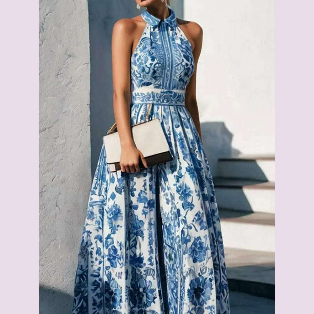 Modigirl Women Elegant Party Evening Long Dresses 2024 Summer Sleeveless Vintage Blue Flower Printed Lapel A-Line Dress Vestidos