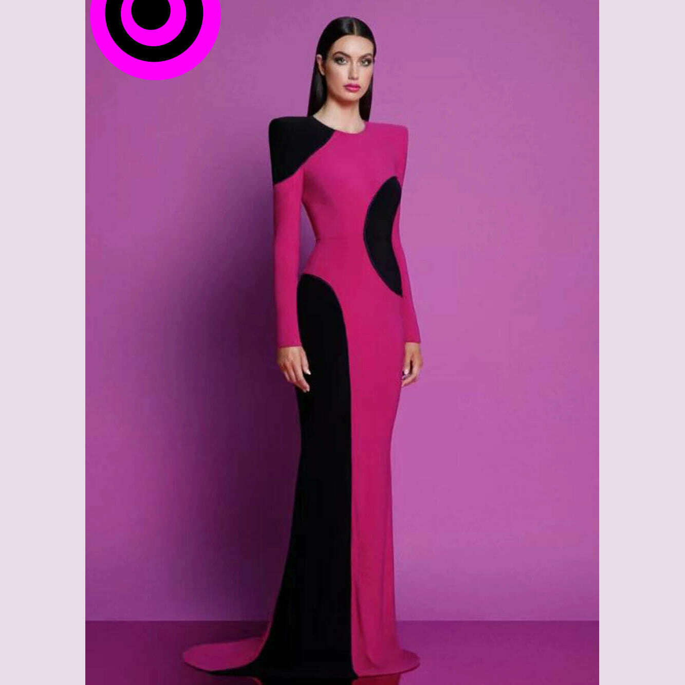 Modphy Contrast Color Patchwork Design Tight Long Bandage Dress For Women Long Sleeved O-Neck Fashion Party Cocktail Club Dress