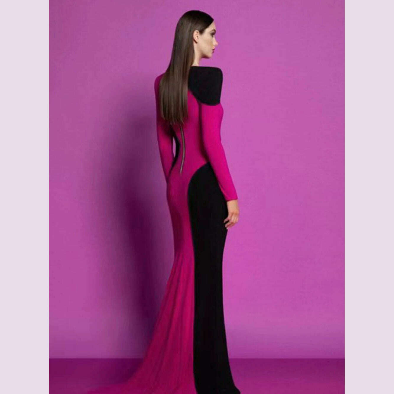 Modphy Contrast Color Patchwork Design Tight Long Bandage Dress For Women Long Sleeved O-Neck Fashion Party Cocktail Club Dress