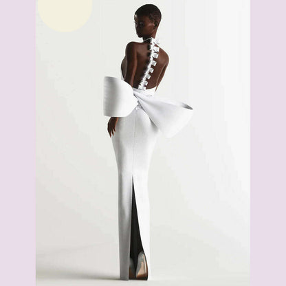Modphy Party Bandage Bow Halter Evening Maxi Dress Women Sexy Backless Off Shoulder Sleeveless Long Female Dresses Lady Robes