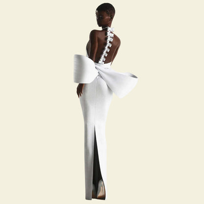 Modphy Party Bandage Bow Halter Evening Maxi Dress Women Sexy Backless Off Shoulder Sleeveless Long Female Dresses Lady Robes