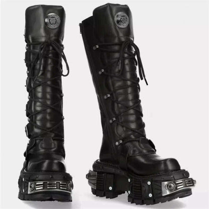 Motorcycle Rock Boots For Man Lacing Up Men Black Punk Boot