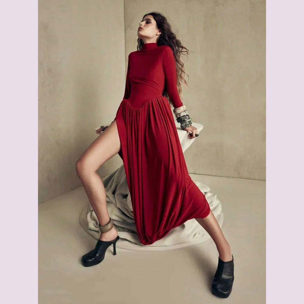 Mozision Backless O-neck Pleated Thigh Slit Long Sleeveless Autumn Winter Red Sexy Maxi Dress For Women High Waist  Slim Dress