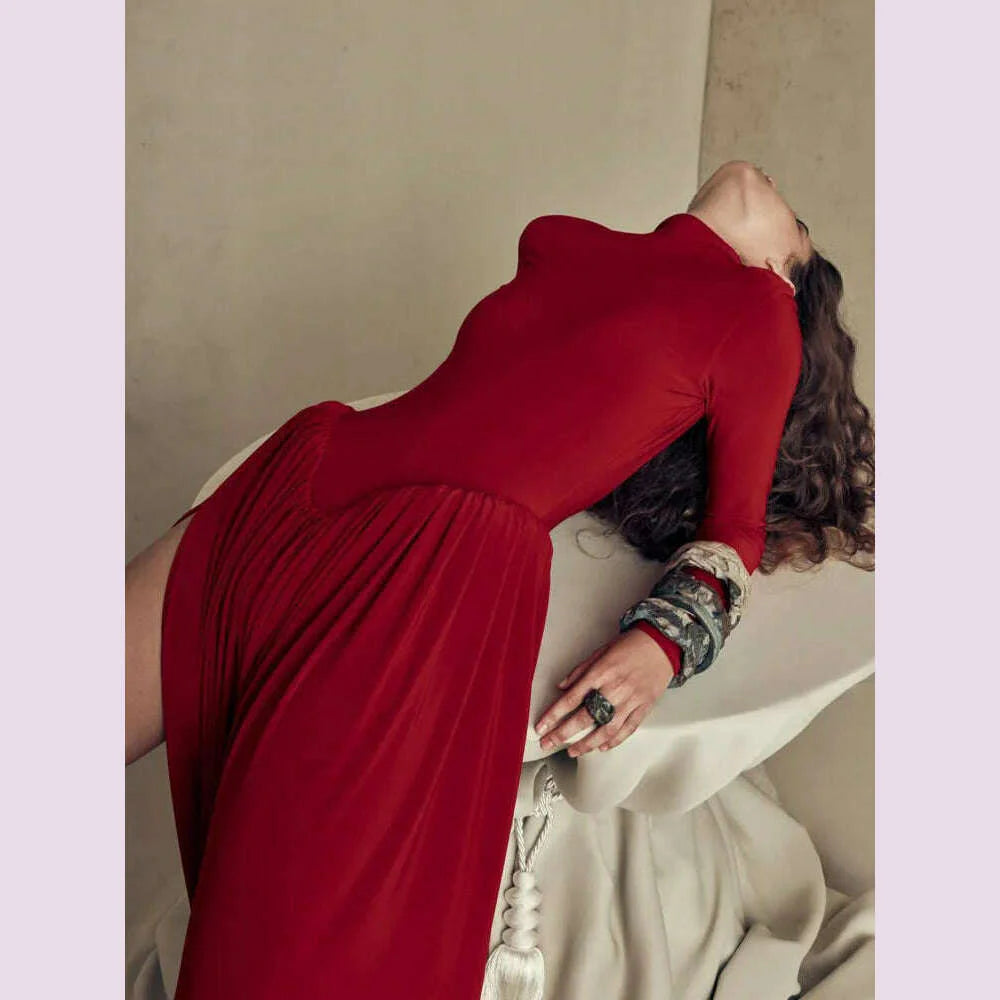 Mozision Backless O-neck Pleated Thigh Slit Long Sleeveless Autumn Winter Red Sexy Maxi Dress For Women High Waist  Slim Dress