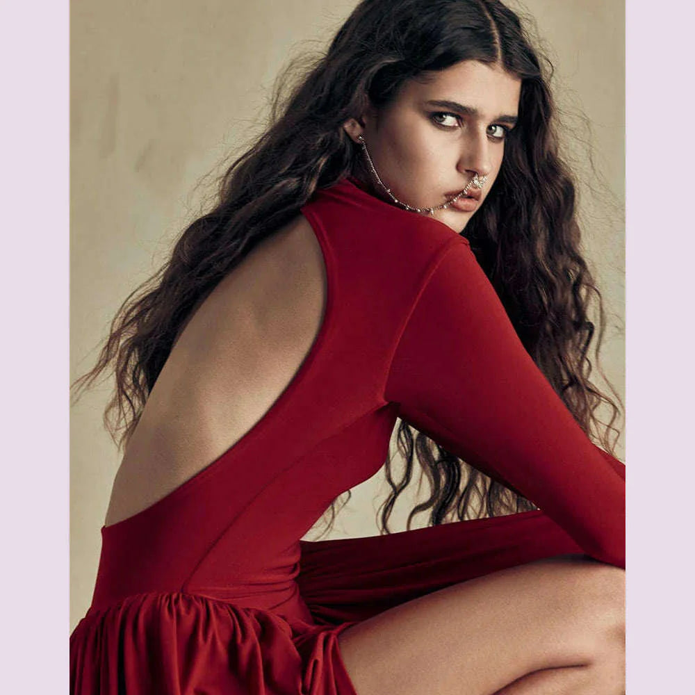 Mozision Backless O-neck Pleated Thigh Slit Long Sleeveless Autumn Winter Red Sexy Maxi Dress For Women High Waist  Slim Dress