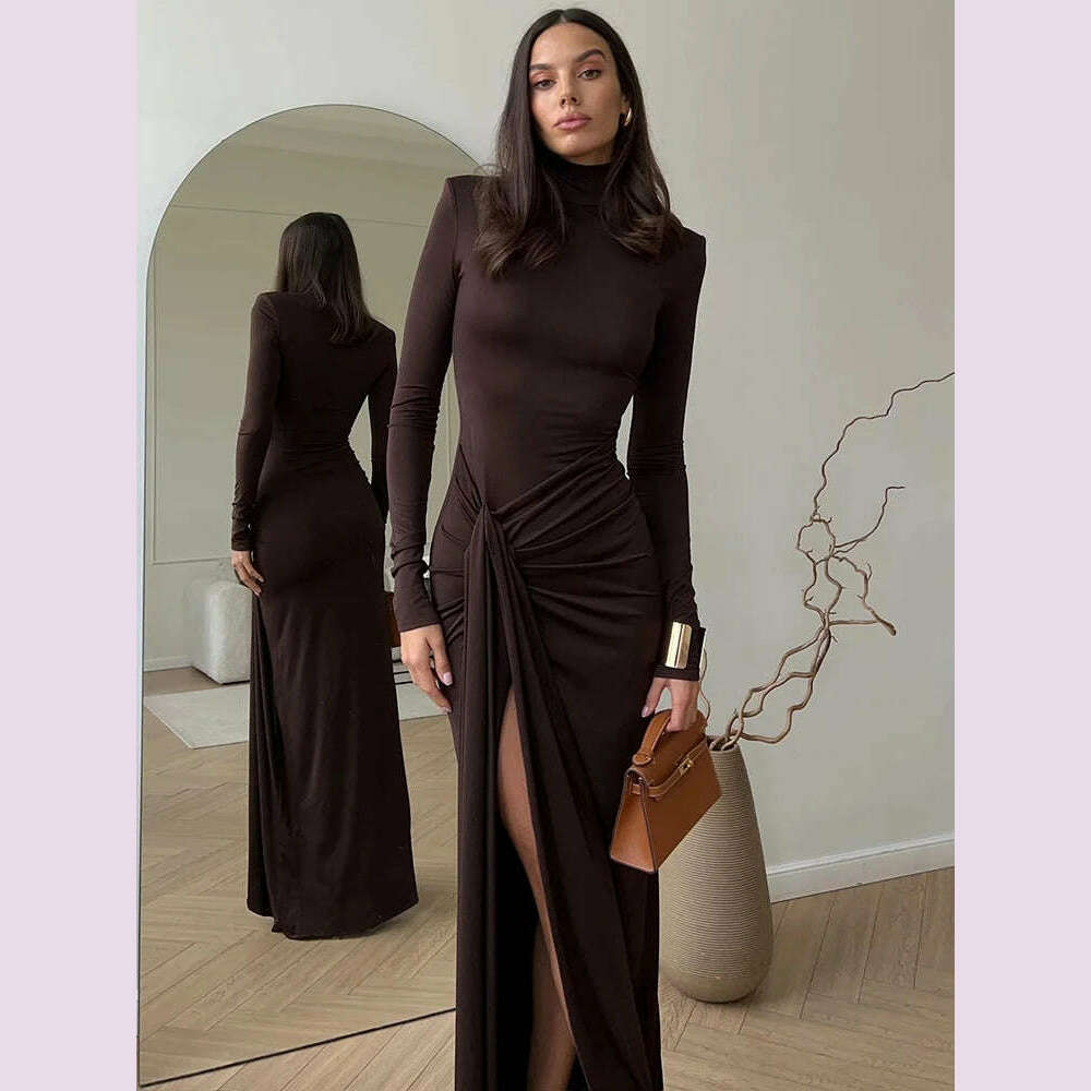 Mozision Turtleneck Thigh High Split Sexy Maxi Dress For Women Fashion Long Sleeve Draped Bandage Bodycon Club Long Dress