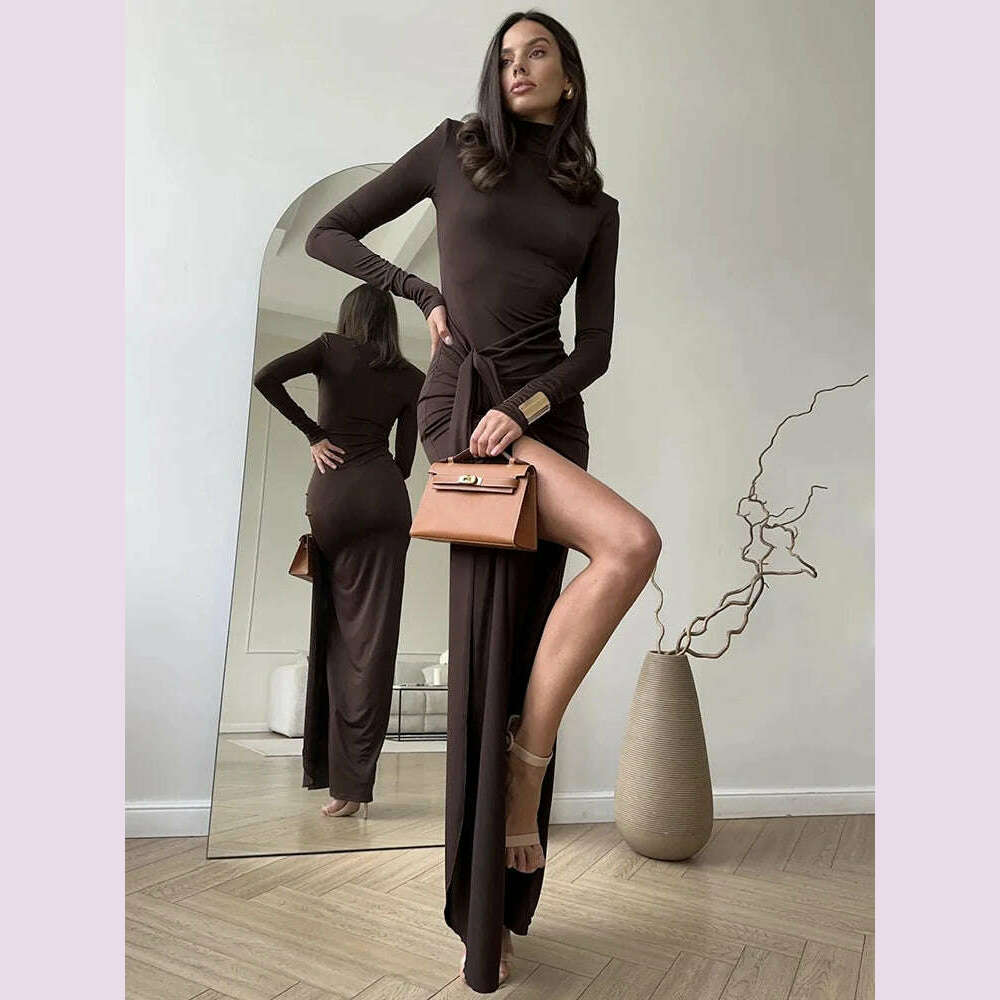 Mozision Turtleneck Thigh High Split Sexy Maxi Dress For Women Fashion Long Sleeve Draped Bandage Bodycon Club Long Dress