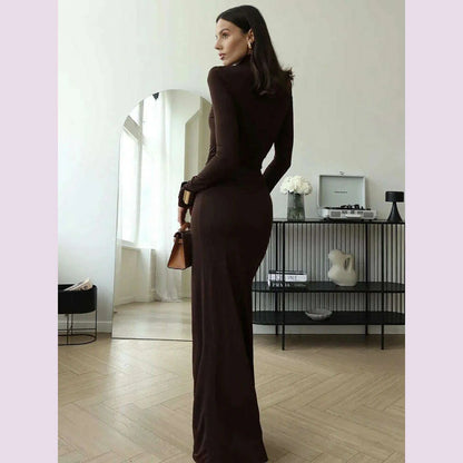 Mozision Turtleneck Thigh High Split Sexy Maxi Dress For Women Fashion Long Sleeve Draped Bandage Bodycon Club Long Dress
