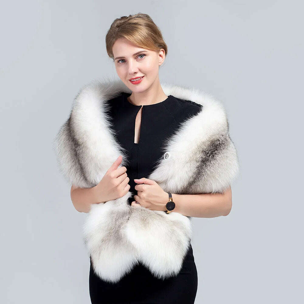 MS.MinShu-Luxury Fox Fur Scarf, Big Skin Scarf, Natural Fox Fur Stole, Genuine Fox Fur Shawl, Pocket Fashion Evening Dress