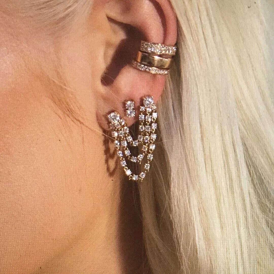 Multi Piercing Luxury Fashion Women Earring Iced Out Bling Sparking 5A CZ Station Long Tassel Chain 1pc Romantic Vermeil Jewelry