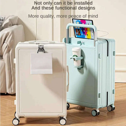 Multifunctional Draw-Bar Suitcase Zipper Wide Handle Trolley Luggage with Cup Holder USB Port Trip Boarding Case Spinner 20 inch