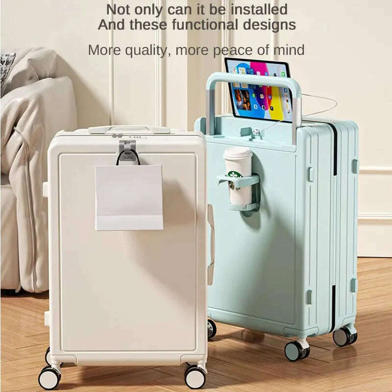 Multifunctional Draw-Bar Suitcase Zipper Wide Handle Trolley Luggage with Cup Holder USB Port Trip Boarding Case Spinner 20 inch