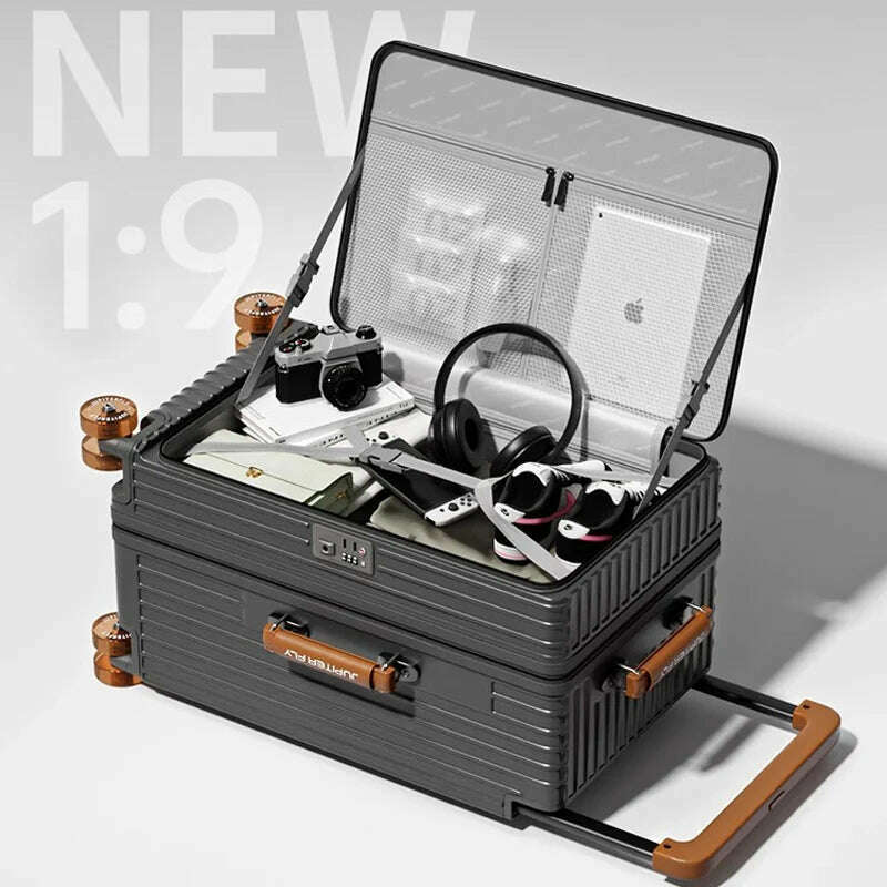 MUXING Wide Trolley Luggage Front Opening Multi-Functional Women 20-Inch Small Lightweight Boarding Box 24-Inch Men's Suitcase